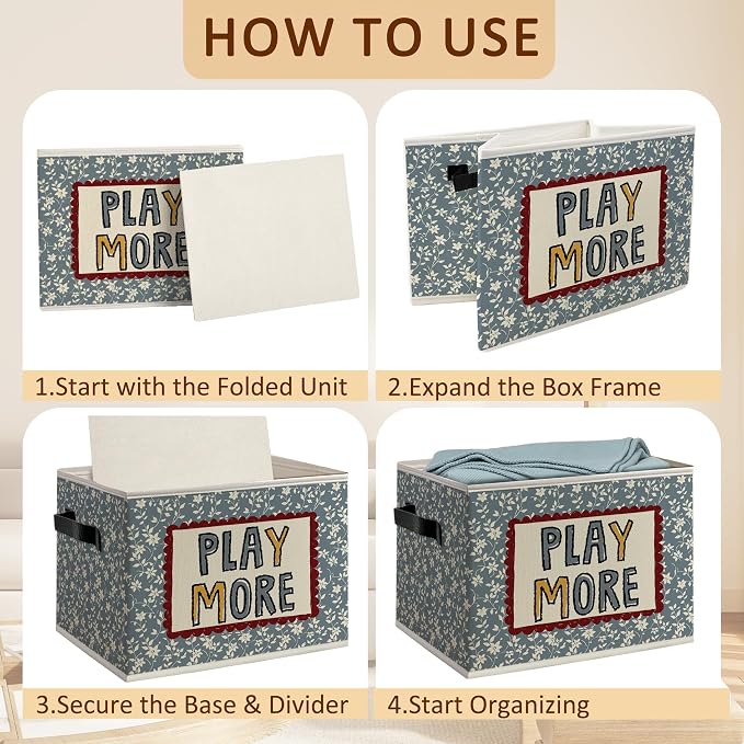 Kids Playroom Foldable Storage Bins Box with Handles | Play More Boho Blue Floral Decorative Storage Boxes Baskets Organizer for Kids Room Nursery Bedroom Playroom Bathroom