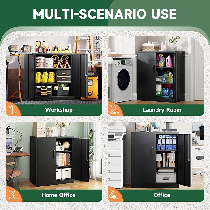 Metal Storage Cabinets with Lock, Small Locker Steel Cabinets, Adjustable Shelves 2 Doors for Home,Office, Warehouse,Garage(Black-36)
