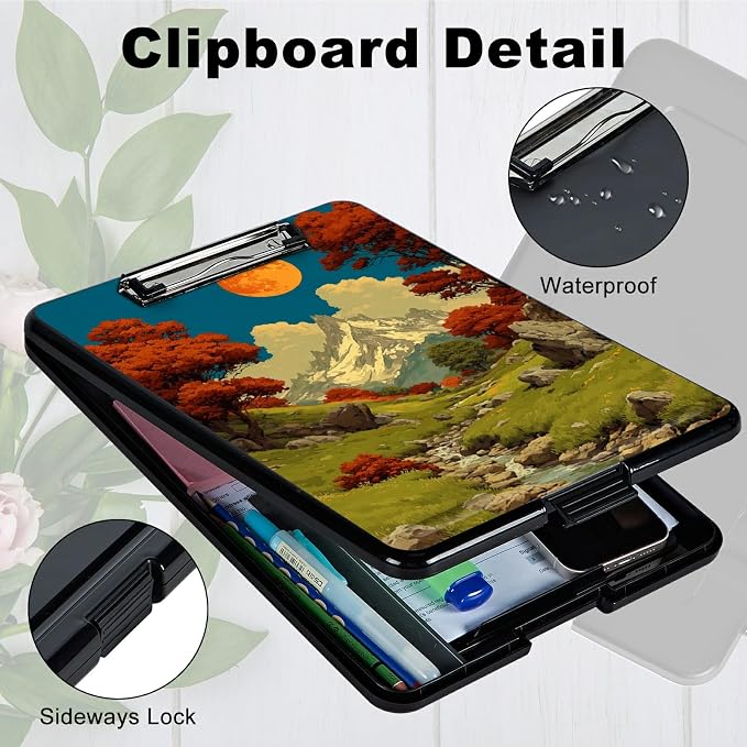 Heavy Duty Storage Clipboard, Slim Nursing Clipboard with Internal Pen Case, Portable File Organizer Case for A4 Letter Size Paper Office Medical Professionals, Snow Mountain Moon Brook