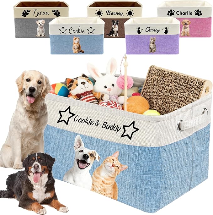 Personalized Dog Toy Storage Basket with Pet Name/Photo, Collapsible Custom Pet Storage Bin with Durable Handles, Large Capacity Organizer Box for Cat Toys