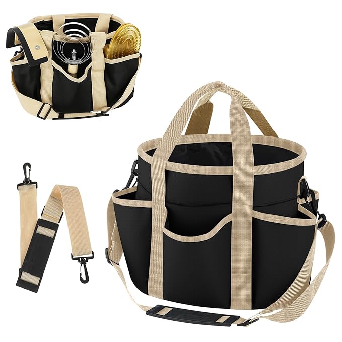 Abbylike Grooming Tote,Stylish,10.63 x 10.63 x 9.45 Inch,Khaki and Black | Tote Bag for Horses and Dogs, Organize Tack Tools Equestrian Grooming Kit, Care Portable with Multiple Pockets for Supplies
