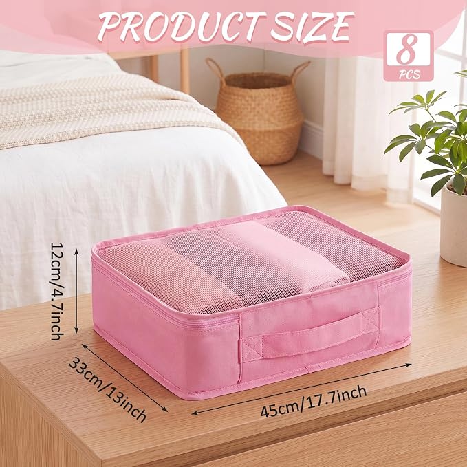 Silkfly 8 Pcs XL Packing Cube for Travel Luggage,Simple,Pink | 17.7 x 13 x 4.7, Same Size, Pink Suitcase Storage Organizer Set, Reusable Mesh Clothes Cube for Hiking Camp Family Accessory