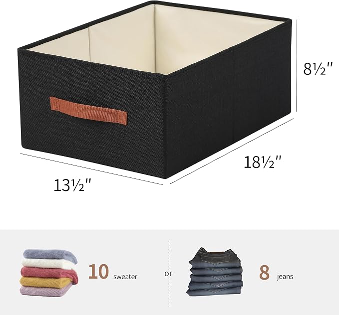 linen closet organizers and storage, 3 Pack Large Storage Baskets, Washable, Clothing Storage Bins with Handle, Closet Organizer for Storage Sweater,Sheets (Black, 18½"x13½x8½)