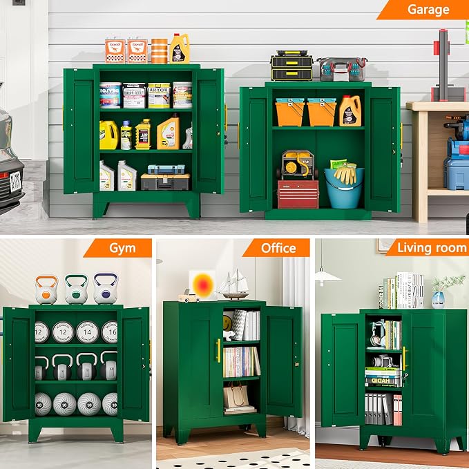 Small Metal Storage Cabinet, Lockable Tool Cabinet with Doors and 2 Shelves | Compact 23.6-Inch Width, 2 Adjustable Shelves, Locking Doors, Magnetic Closure, Adjustable Feet, Cold-Rolled Steel