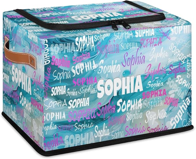 Personalized Name Storage Basket with Zipper Lid, Canvas Storage Bins Toys Clothes Organizer for Bedroom, Kitchen, Bathroom, Nursery, Shelves, Closets, Water Blue Background
