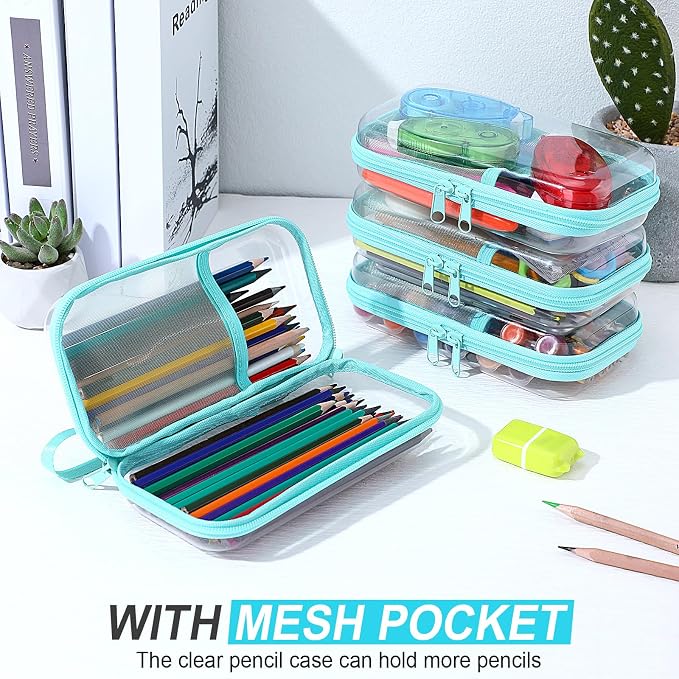 Sanwuta 4 Pcs Clear Hard Shell Zipper Case Clear Travel Pouches Bulk Plastic Portable Travel Organizer Bin with Mesh Pocket Toiletry Pouch Cosmetics Makeup Bag Snack Toiletry Bag(Blue-green)