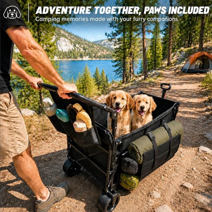 Foldable Dog Wagon for Medium & Large Dogs with Drop-Down Tailgate | 205L Heavy Duty Dog Cart, All-Terrain Collapsible Wagon for Beach, Shopping & Camping, for 1 Large or 2 Medium Puppies