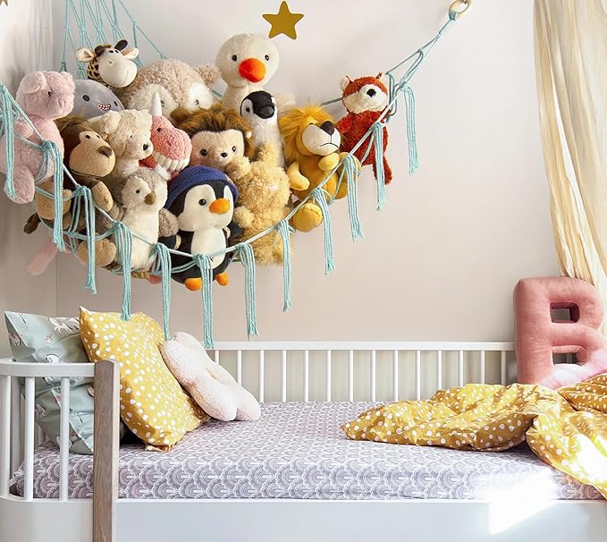 Stuffed Animal Hammock-Large Stuffed Animal Net For Toys Corner-Hanging Stuff Animal Toy Storage Organizer For Plush Plushie Display Light Blue Girl Room Bedroom Boho Nursery Decor Toy Storage