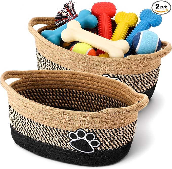 2 Pcs Dog Toy Basket Gift Baskets for Organizing Woven Organizers Cat Toy Food Storage Bin Cute Dog Paw Rope Storage Organizer with Handle, Cat Holder Container 11.8 x 7.8 x 5.1 Inch