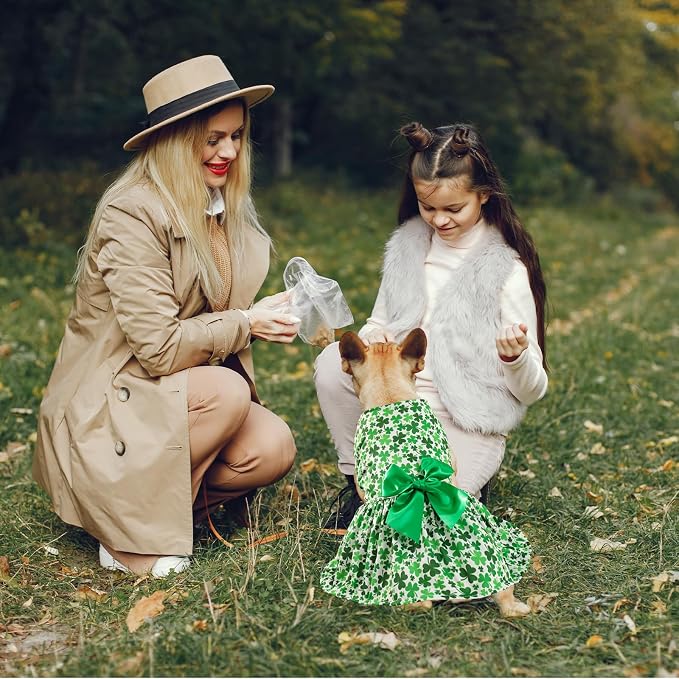 St. Patrick's Day Dog Costume Dress L, Green Clover Print with Satin Bow, White Pet Dress for 11-13 lbs Dogs and Cats, Holiday Party Clothing
