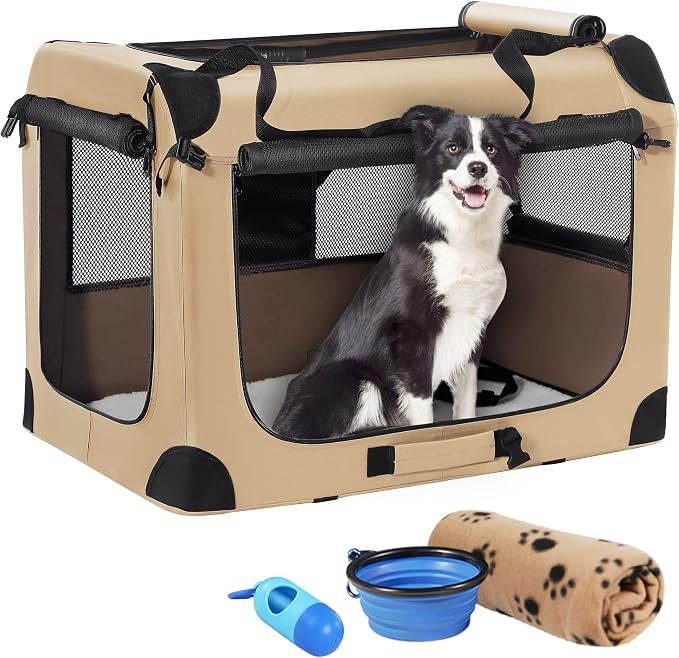 Petprsco Portable Dog Crates for Medium Dogs, 32"x23"x23" Travel Dog Crate | Collapsible Dog Crate with Plush Mat, Soft Blanket & Foldable Bowl, Strong Fabric, 4-Sided Vents, 3 Doors, Indoor/Outdoor Use