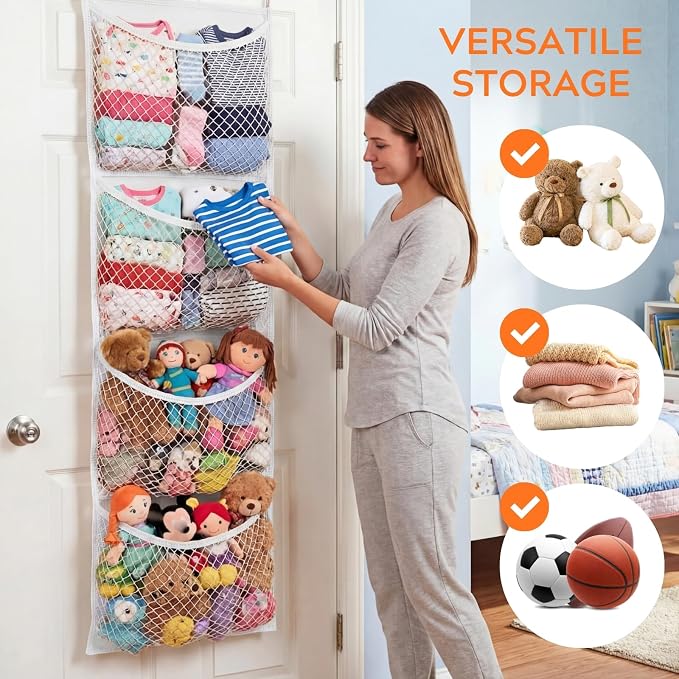 Over The Door Stuffed Animal Storage, Cotton Toy Organizer for Storage Plush Toys, Stuffed Animal Holder with 4 Large Pockets, Hanging Door Organizer for Nursery, Bedroom (White)