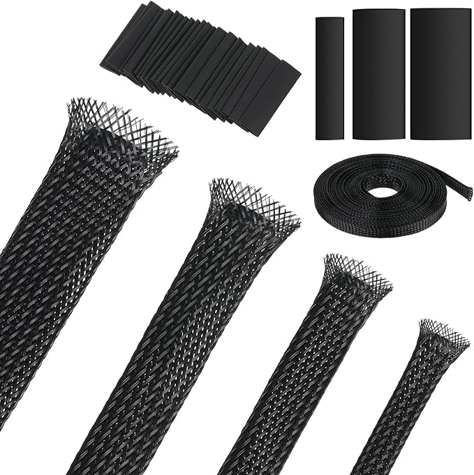 Tatuo 65.6ft Braided Cable Sleeve Expandable Wire Sheathing(Black) | with 120 Heat Shrink Tubing 1/4 in 2/5 in 1/2 in 3/4 in Wire Sleeve Cord Management for Television Audio Computer Video Pets