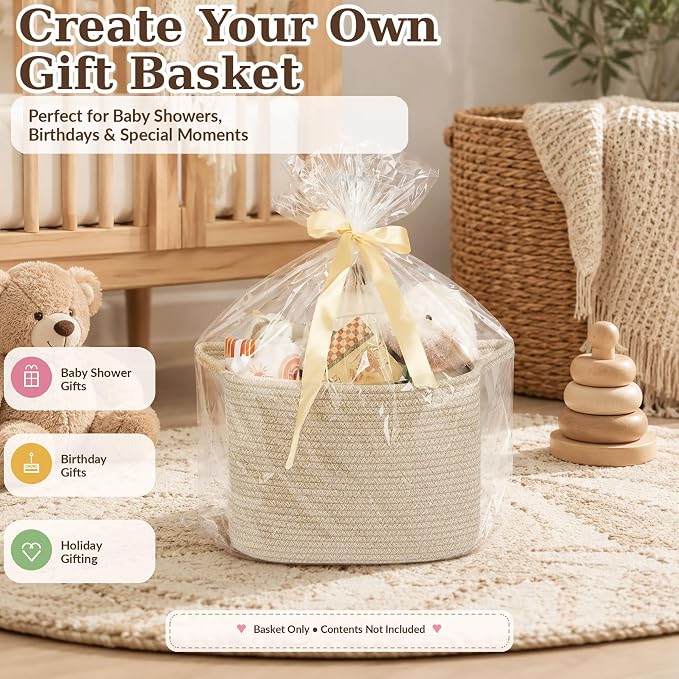 XUANGUO Woven Cotton Rope Storage Basket with Handles 13x10x9 inch Oatmeal | Woven cotton rope basket for shelves and closets. Perfect for toys, books, clothes, nursery storage and gift baskets