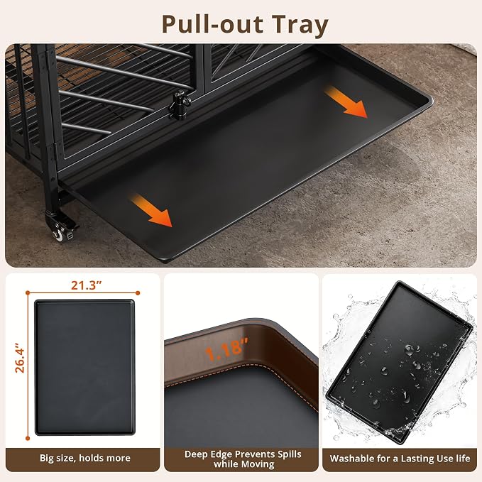 IRONCK 27.6" Dog Crate Furniture with Pull-Out Tray and Wheels | Roof-shape frame. 4 wheels and pull-out tray. Bone name tag. For small medium dogs.