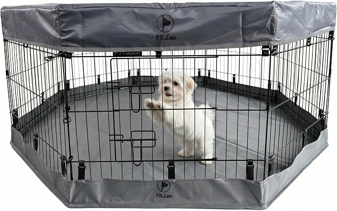 PJYuCien Puppy Playpen with Top Cover & Bottom Pad, 8 Panels 24" H, Gray | 24"W, Small Pet Safe Sanctuary, Foldable Octagonal Pen, Versatile, Indoor & Outdoor, Backyard Pasture, Protects Floors