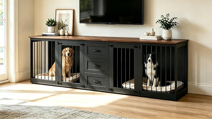 92.8" Furniture Style Dog Crate, Double Dog Crate Furniture | 3 Storage Drawers, Dog Kennel Indoor, for Med-Large Dogs, Farmhouse Dog Crate TV Stand with Divider, White Brown