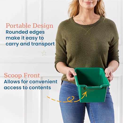 ECR4Kids Scoop Front Storage Bins, Multipurpose Organization, Green, 10-Piece | Durable plastic, GREENGUARD Gold Certified, 1.2 gallon capacity, lightweight & nestable, built-in handle, classroom/home use