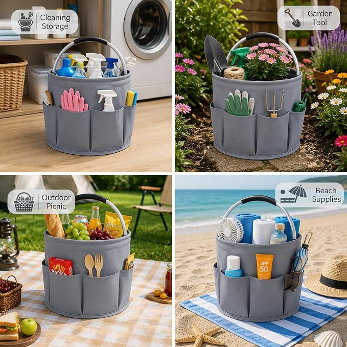 Cleaning Caddy with Handle, 17L Foldable Storage Basket, Heavy Duty 600D Oxford Cloth Organizer, Portable Supply Bag, Multi-Purpose Supplies Caddy for Home, Bathroom, Kitchen, Garden - ( Dark Gray )