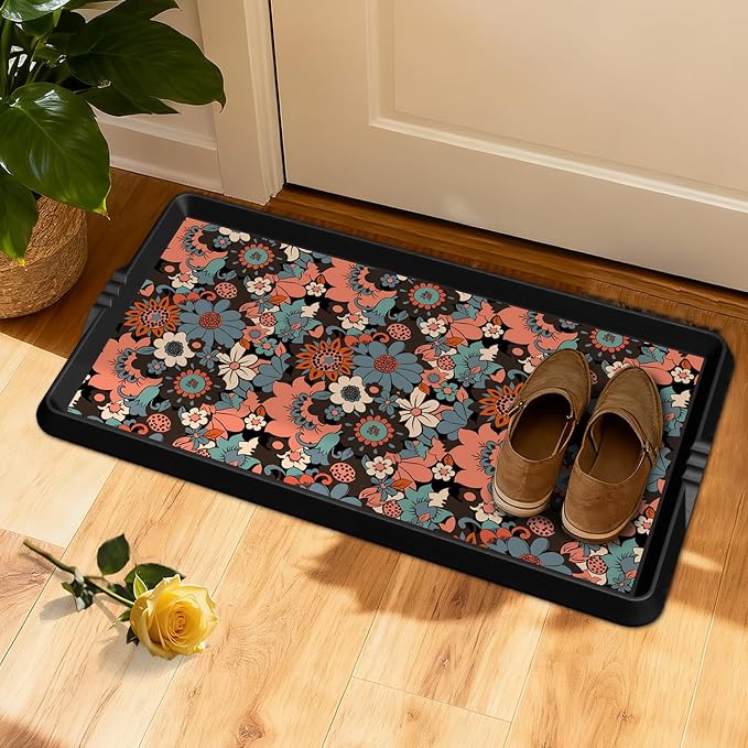 BEHERO Boot Tray Shoe Mat Decorative Patterned, Rubber Shoe Matt Tray Indoor/Outdoor Use, 16" x27.5" Shoe Cleaning Mat Non-Slip, Shoe Storage Waterproof Flower Prints for Entryway, Sunlit Blossom
