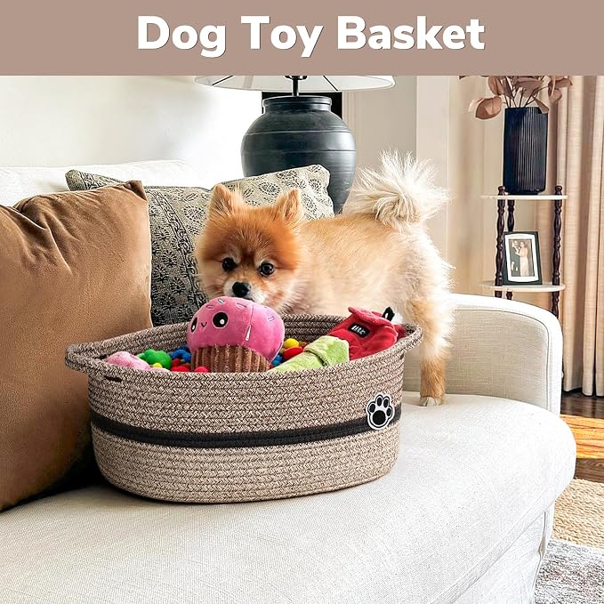 Medium Woven Rope Dog Toy Basket with Paw Print, Brown Mixed | 13.6"x 10" x 6", Dog Toy Bin & Box With Handles, Gift Basket for Pet Cat, Storage Basket for Baby Shower, Closet, Living Room