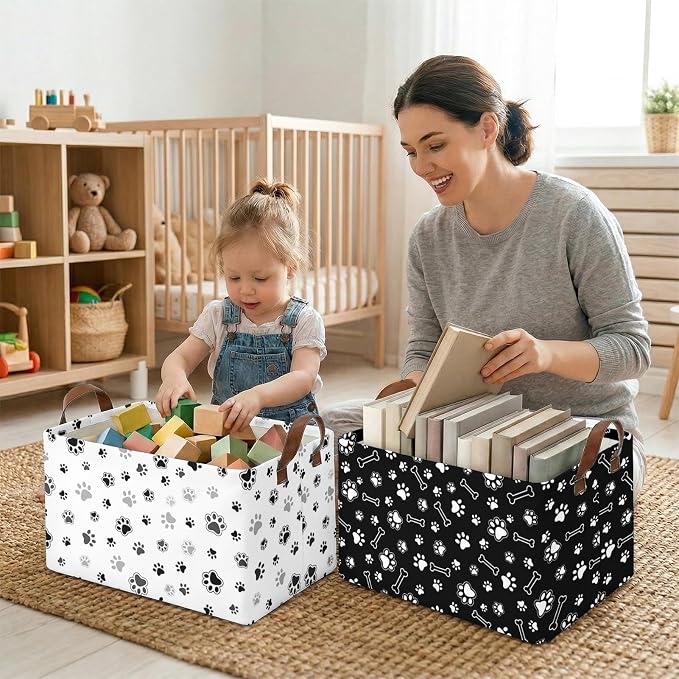Britimes Dog Paw Storage Baskets for Gifts, Toy Storage Bins Box, 3 Pcs | Puppy Dog Canvas Collapsible Baskets Organizer with Handles Cute Nursery Decor Laundry Basket for Shelves Closet