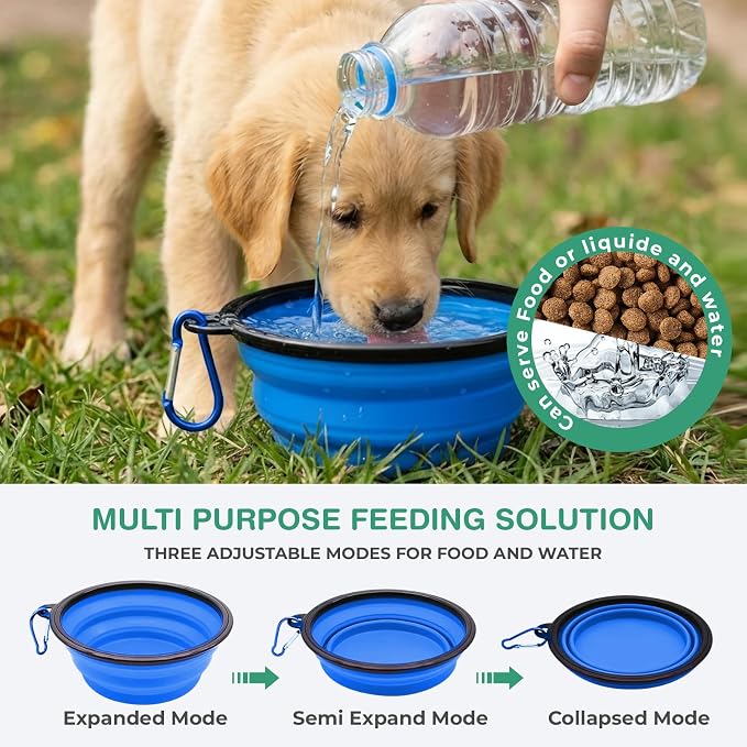 Collapsible Dog Water and Food Bowls, Blue, BPA Free | for Travel, Portable, Dogs and Cats, Foldable Pet Feeding Dish, Walking Hiking Camping with Carabiner