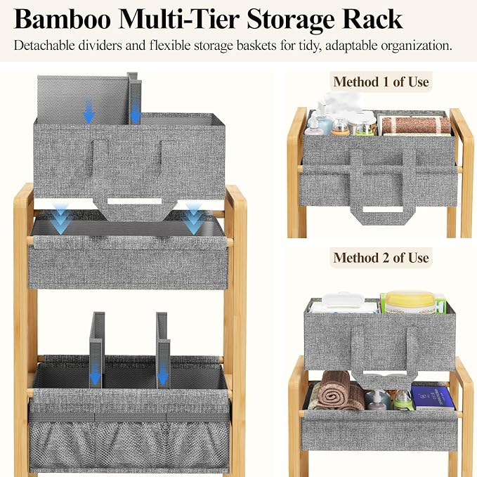 Bamboo Diaper Caddy Cart with Wheels - 3-Tier Rolling Storage，Grey | Removable bins, side pockets, sturdy handle, smooth wheels. For nursery, living room, laundry, pet. Natural bamboo, versatile