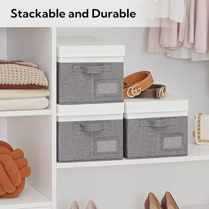 GRANNY SAYS Storage Bins with Lids, Decorative Storage Boxes with Lids | Storage Box with Dust Cover, Handles & Lable, Collapsible, Ideal for Closet Clothes Blanket Toys, Medium, White&Gray, 3-Pack