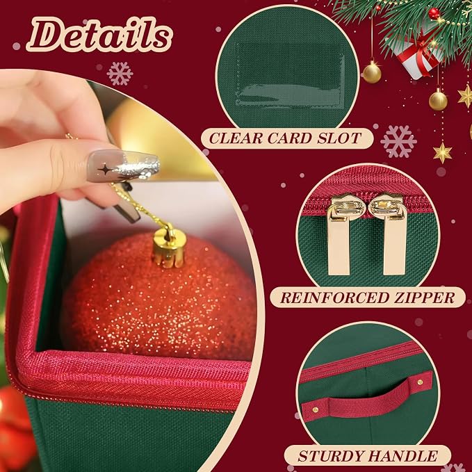 Christmas Ornament Storage Box with Adjustable Dividers Zippered Top Stores up to 128 Holiday Ornaments (3 Inch) Xmas Ball Decorations Organizer Storage Container Bin
