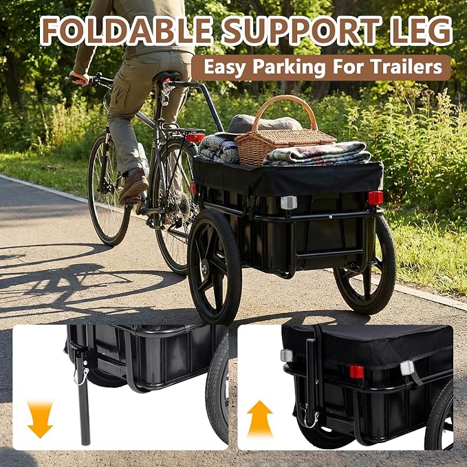 Bike Cargo Trailer, 2-in-1 Utility Trailer Wagon with High-Capacity Plastic Removable Storage Box, Heavy-Duty Steel Frame, Bicycle Cargo Cart with 600D Waterproof Cover for Camping