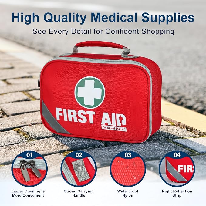 General Medi 2-in-1 First Aid Kit (215 Piece Set) + 43 Piece Mini First Aid Kit -Includes Ice(Cold) Pack, Moleskin Pad and Emergency Blanket for Travel, Home, Office, Car, Workplace