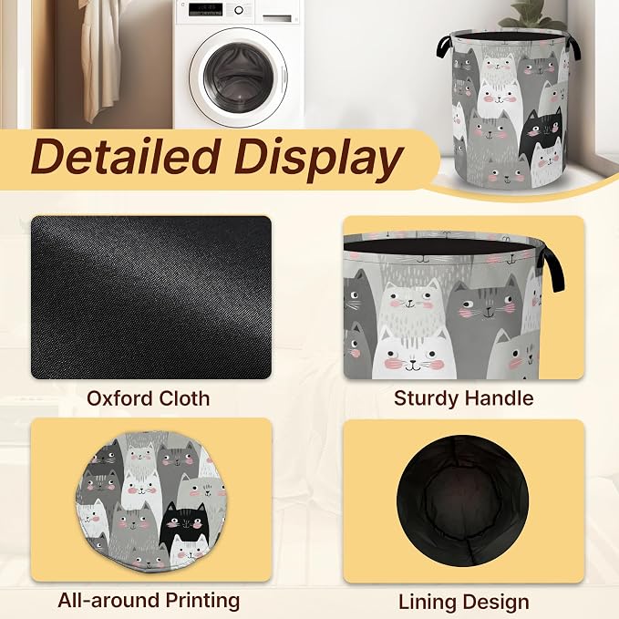 Gray Cats Collapsible Laundry Hamper with Handles,Oxford Cloth Laundry Basket,Storage Organizer for Bathroom Bedroom Laundry Room
