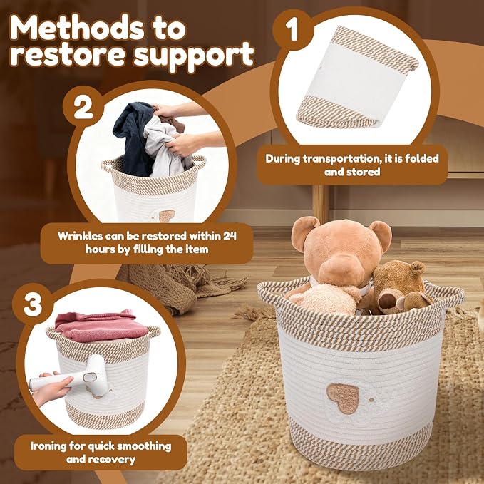 Storage Baskets for Organizing, 11” Woven Cotton Rope Storage Bin for Kids Dog Toy Organizer Clothes Hamper for Nursery Laundry, Blanket Basket for Living Room Decor Toy Basket(Style 1)