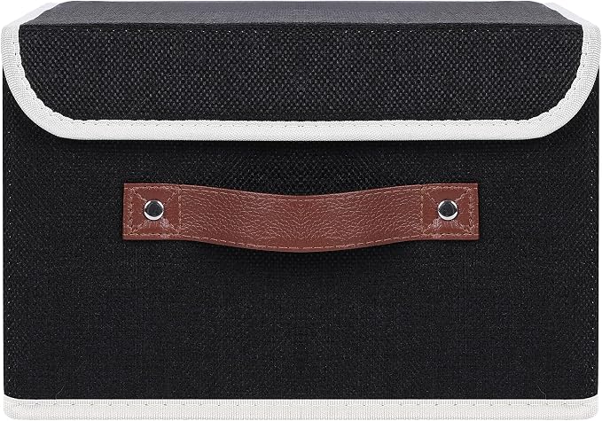 ANMINY Fabric Storage Box Bins with Lids, Black, 10"x8"x7" | Keepsake Memory Storage, Cotton Linen, PP Board Reinforced, Washable, PU Handles, Foldable & Stackable, Decorative, Small