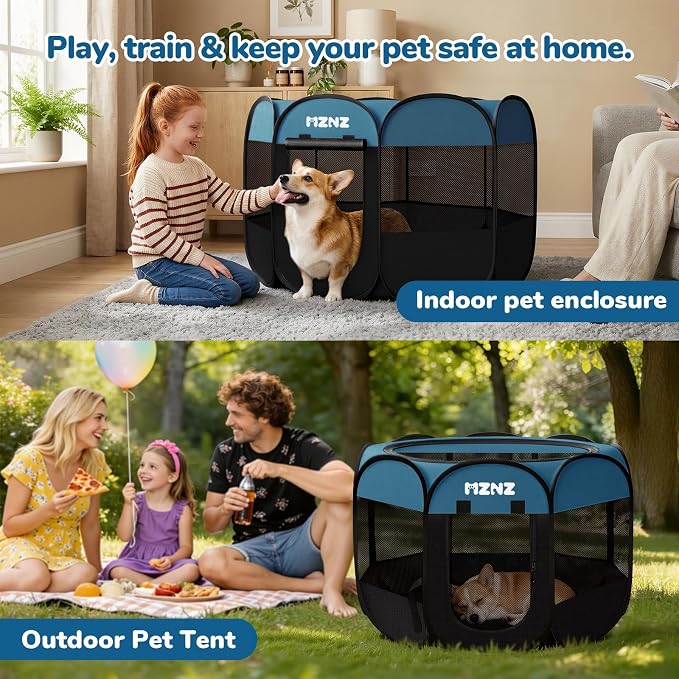 Dog Cat Small Animal Puppy Playpen Crate, Medium, Blue Black | Portable Pop Up Pet Cage Enclosure Tent Kennel Indoor Outdoor with Carrying Case, No Assembly, Camping Use