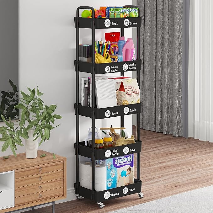 Laiensia Multifunction Utility Rolling Cart, 5-Tier Plastic & Metal Storage Organizer, Black, Lockable Wheels, Modern Style, Indoor Use