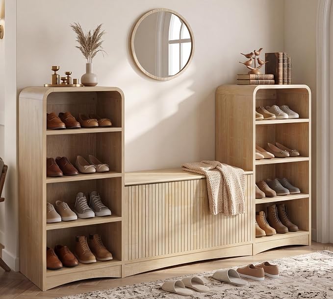 U-Shaped Shoe Cabinet Bench with Flip-Open Box & Shelf, Natural | 63" W Lift-Top Storage Wooden Bench for Entryway, Living Room, Hallway