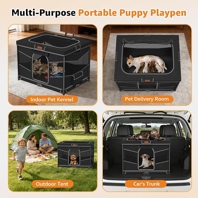 LOOBANI Puppy Playpen for Indoors32 x24 x22, Foldable & Portable, Black | Playpen for Dogs Indoor Small, Sturdy Cat Playpen with Removable, Washable 690D Fabric Cover, Travel Dog Crate with Carry Bag