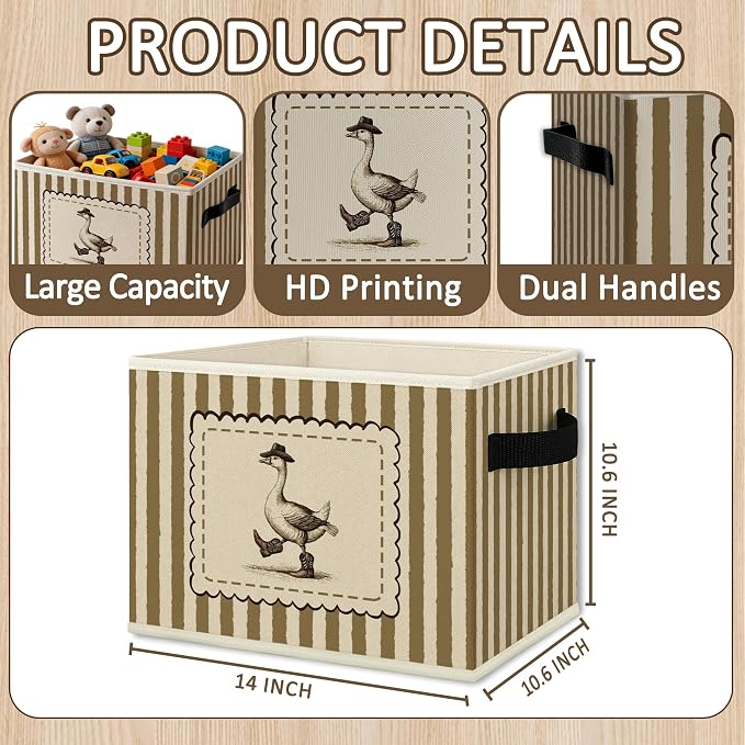 Western Cowboy Goose Nursery Cube Storage Bins with Handles, Farm Animal Nursery Collapsible Fabric Storage Basket Boxes Books Clothes Organizer for Kids Boys Room Bedroom Bathroom