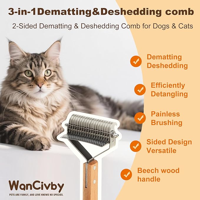 Undercoat Rake Pet Brush with Square Handle, Premium Dematting Comb & Cat Dog Shedding Tool, Efficient Grooming Brush for Detangling Mats & Loose Fur, Ideal for Large Medium Small Dogs and Cats