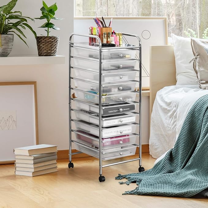 10 Drawer Rolling Storage Cart, Organization Cart with Drawers for Craft Makeup Paper Tool Art Supply, Versatile Utility Cart on Wheels for Home Office Classroom School (Clear)