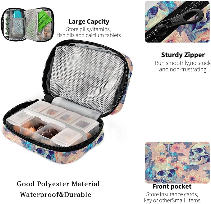 Fustylead Bright Beautiful Human Skulls and Flower Pill Organizer for Purse, Weekly Portable Pill Box with Zipper to Storage Vitamins Fish Oils Medications Supplements