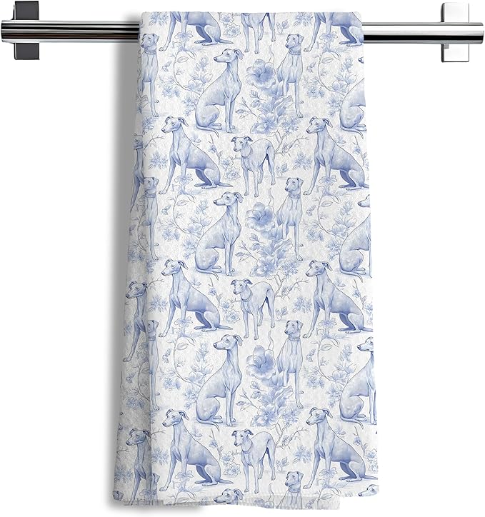 Chinoiserie Greyhound Floral Kitchen Towels,Greyhound Dog Gifts Decorative Hand Towels,Blue and White Grandmillennial Botanical Dog Floral Dish Tea Towels for Kitchen Bathroom, 16x24 Inch