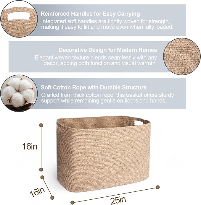 Extra Large Blanket Basket, 108L Rectangle Blanket Storage for Living Room, Woven Cotton Rope Stuffed Animals Storage, Kids Dog Toy Basket Bin Box, Throw Pillow Holder Organizer, 25"x16"x16"