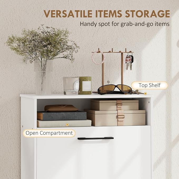 HOMCOM Shoe Cabinet with 2 Flip Drawers, Open Shelf, up to 12 Pairs, White | Narrow Storage Cabinet, Adjustable Dividers, Entryway Shoe Storage Unit, for Hallway