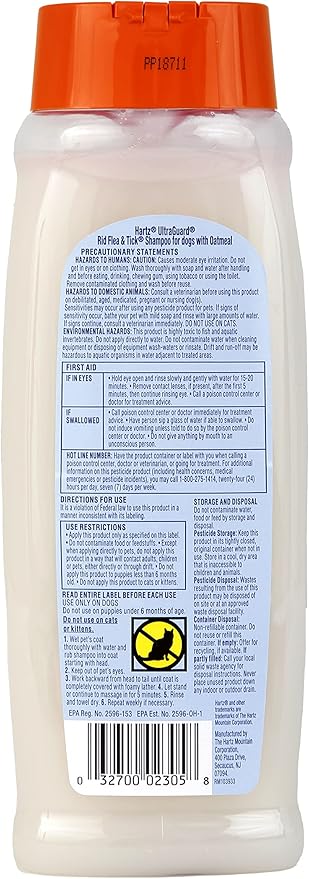 Hartz UltraGuard Rid Flea & Tick Oatmeal Dog Shampoo, 18 oz Bottle (Pack of 2)