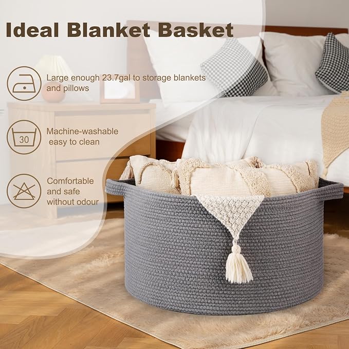 OIAHOMY 90L Extra Large Blanket Basket - Decorative Cotton Rope Storage Basket for Bedroom, Living Room & Nursery - Woven Laundry Hamper for Organizing Blankets, Clothes & Toys - Light Grey