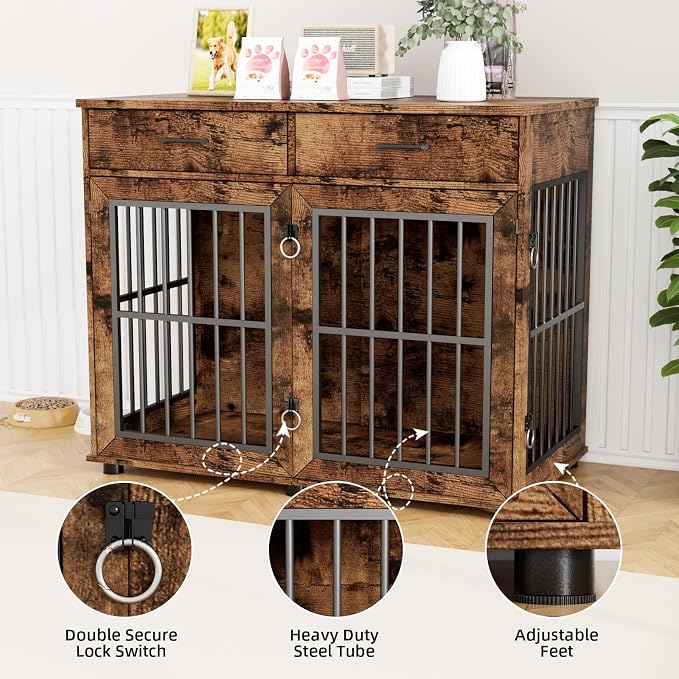VOWNER 43.3" Large Dog Crate Furniture with 2 Drawers, Brown | Wooden Dog Kennel Furniture End Table with 3 Doors, XL Dog Kennel Indoor with Storage, Dog Cage TV Stand for Large Medium Dog