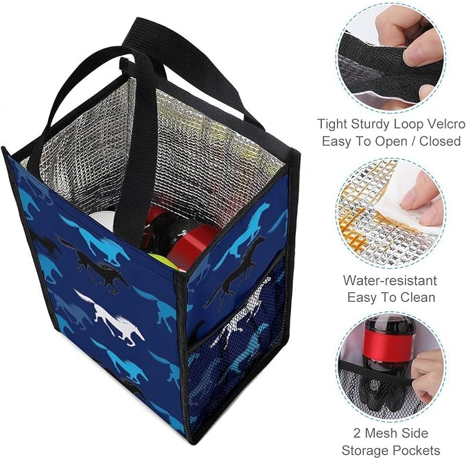 Reusable Insulated Lunch Bags Thermal Lunch Tote Bag Portable Travel Lunchbox Compatible with Sea Blue Camouflage Camo Horse Food Containers Bag